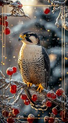 Falcon perched on snowy branch