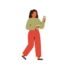Young woman walking with takeaway coffee cup and looking at phone. Business girl scrolling news or chatting via mobile on the way. vector illustration