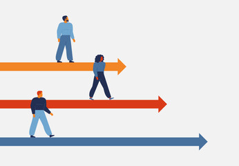 Fototapeta na wymiar Competition in company. Business people moving by different ways to success and personal goals. Individual paths for career growth in the team. vector illustration