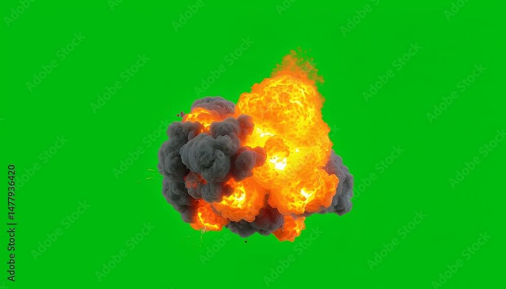 Poster isolated fireball explosion with black smoke on green screen for visual effects use in high resoluti