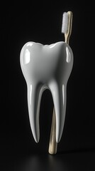 A gleaming, healthy tooth stands beside a bamboo toothbrush against a dark backdrop.  Oral hygiene concept