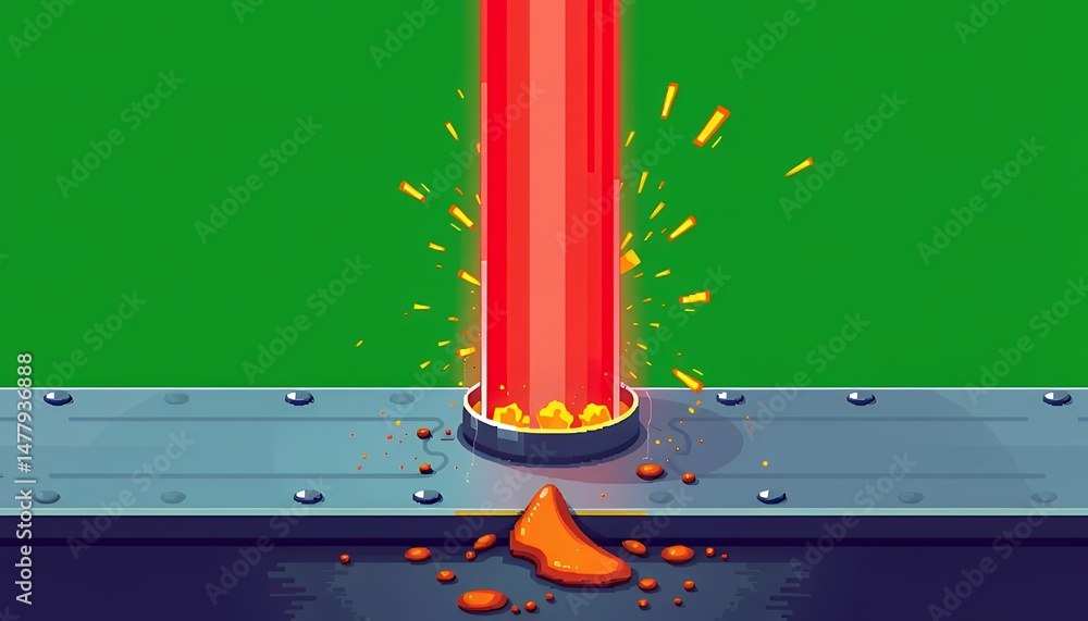 Poster isometric 3d animation of red light beam with sparks and molten elements isolated on green screen fo