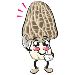 Cute Morchella mushroom vektor illustration mascot character wave hand and give a thumbs up sign, work of hand drawn