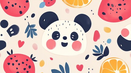 Cute panda face surrounded by fruits