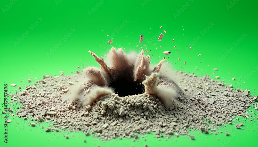 Poster isometric 3d explosion with dust and debris isolated on green screen for visual effects movie and ga