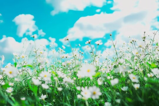 Sunny Day Meadow Flowers - A vibrant field of white daisies under a bright blue sky with fluffy white clouds. Perfect for spring and summer themes
