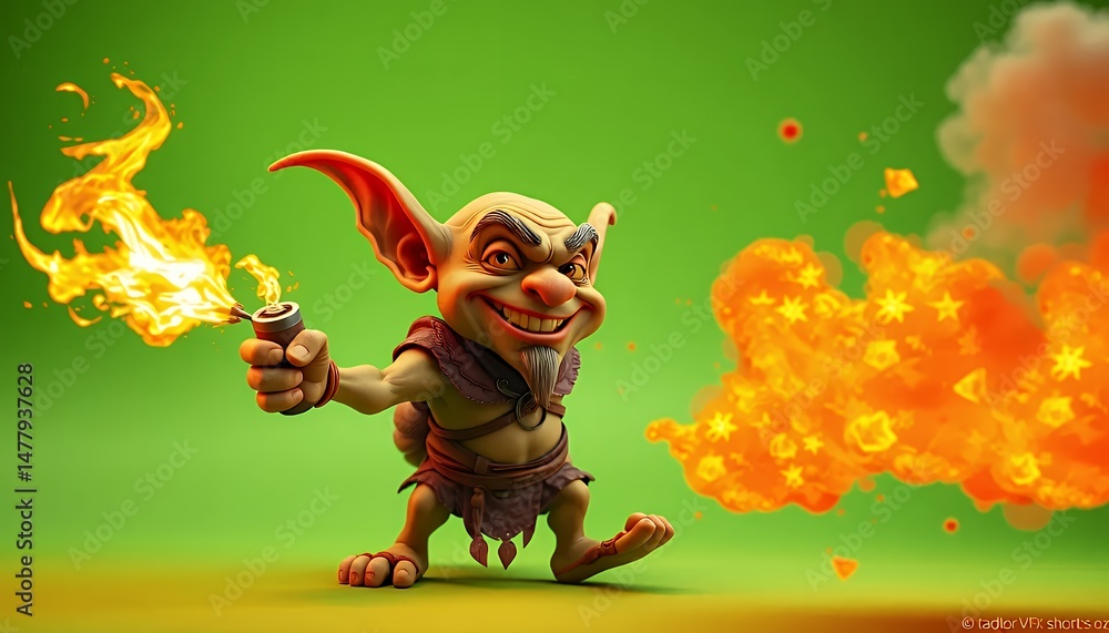 Poster isometric 3d goblin with flame on green screen for vfx with pixelated texture and cartoonish design 