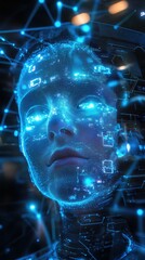Digital face, glowing blue, network connections.
