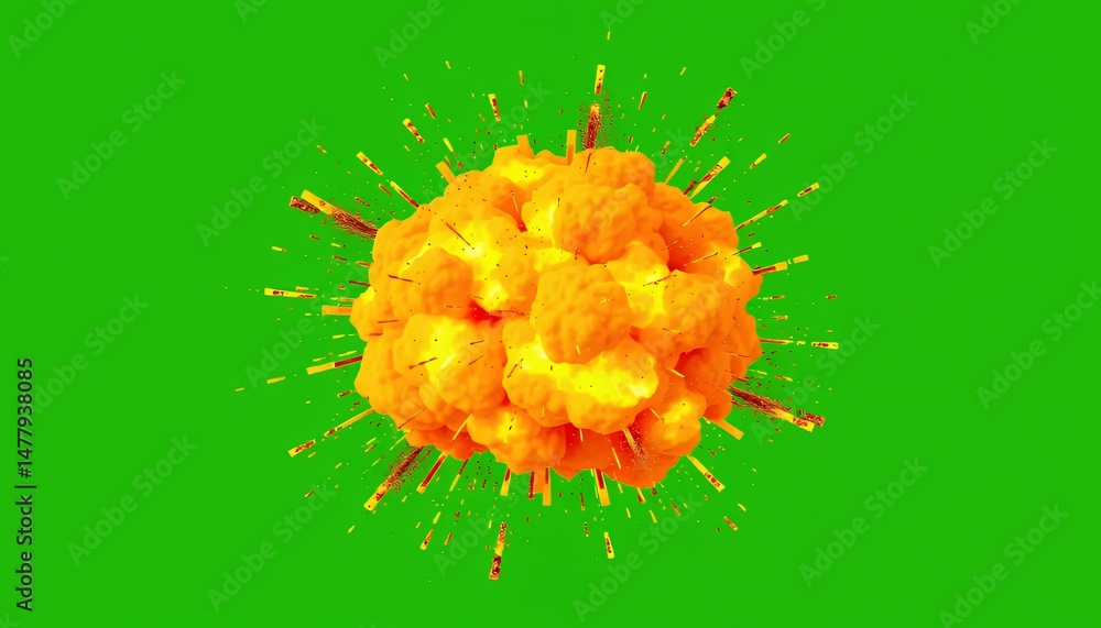 Poster isometric 3d orange fire explosion with particle on green screen for vfx element movie game asset fa