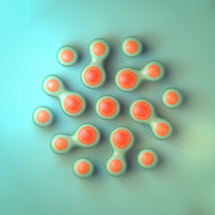 Digital illustration with green-orange spherical nodes smoothly blended into a single composition. The symmetrical structure and rich palette create a sense of lightness. 3d rendering