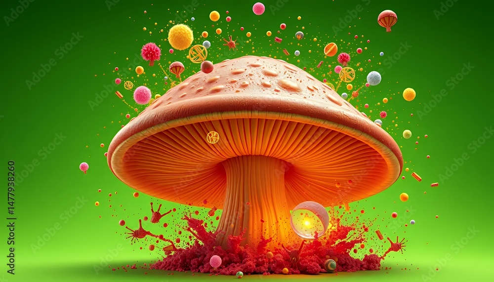 Poster isometric 3d pixel art mushroom with orange cap isolated on green screen with floating pixelated sph