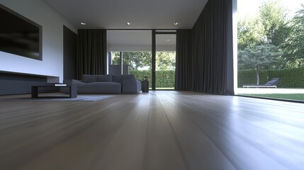 Fototapeta premium Modern minimalist living room interior with patio view.