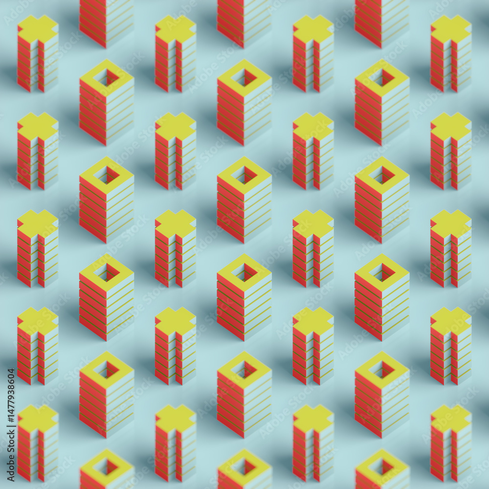 Aufkleber Composition of vertical shapes in the form of alternating crosses and hollow squares. Geometric figures in red, blue, and green create an optical effect of harmony and precision. 3d rendering