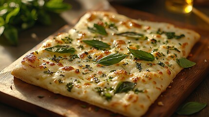 Rectangular pizza topped with melted cheese and fresh basil