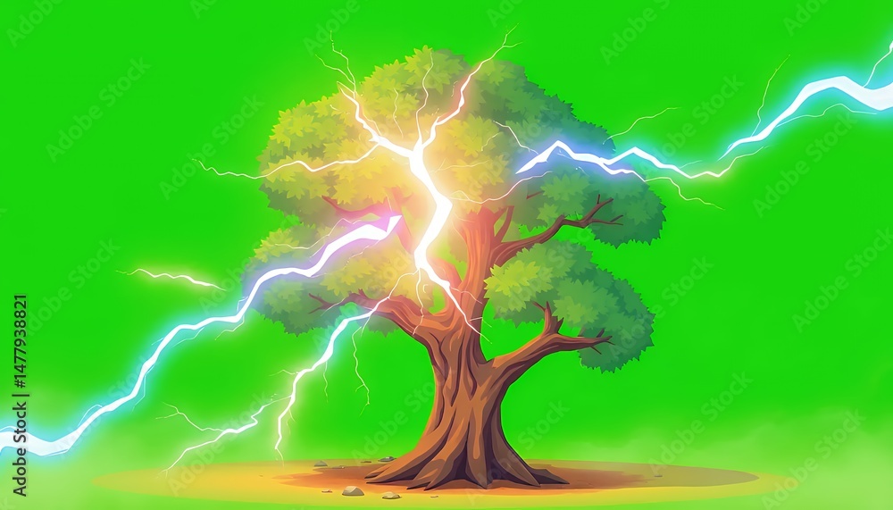Poster isometric 3d tree struck by lightning on green screen vfx movie element with fantasy theme isolated 