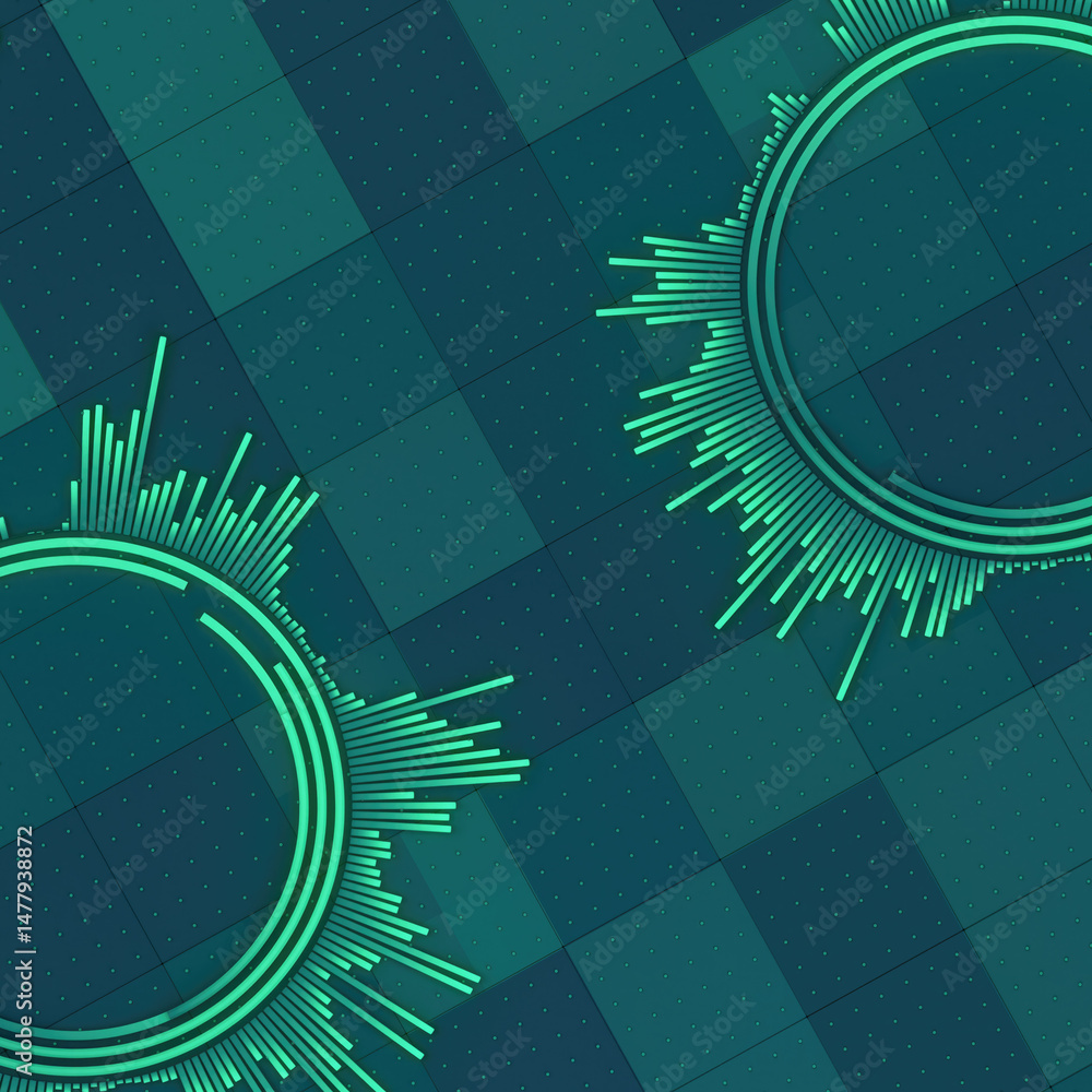 Poster Illustration in dark green colors with symmetrically arranged circular elements surrounded by radial lines. The background is decorated with a grid of dots. 3d rendering