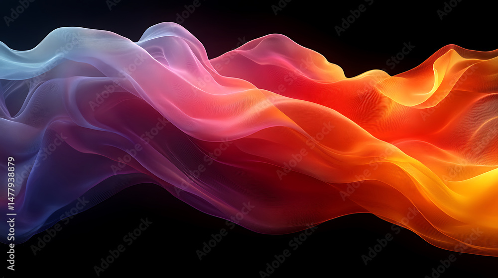 Aufkleber abstract smooth wavy gradient flow in blue red and yellow colors on dark backdrop represents a moder