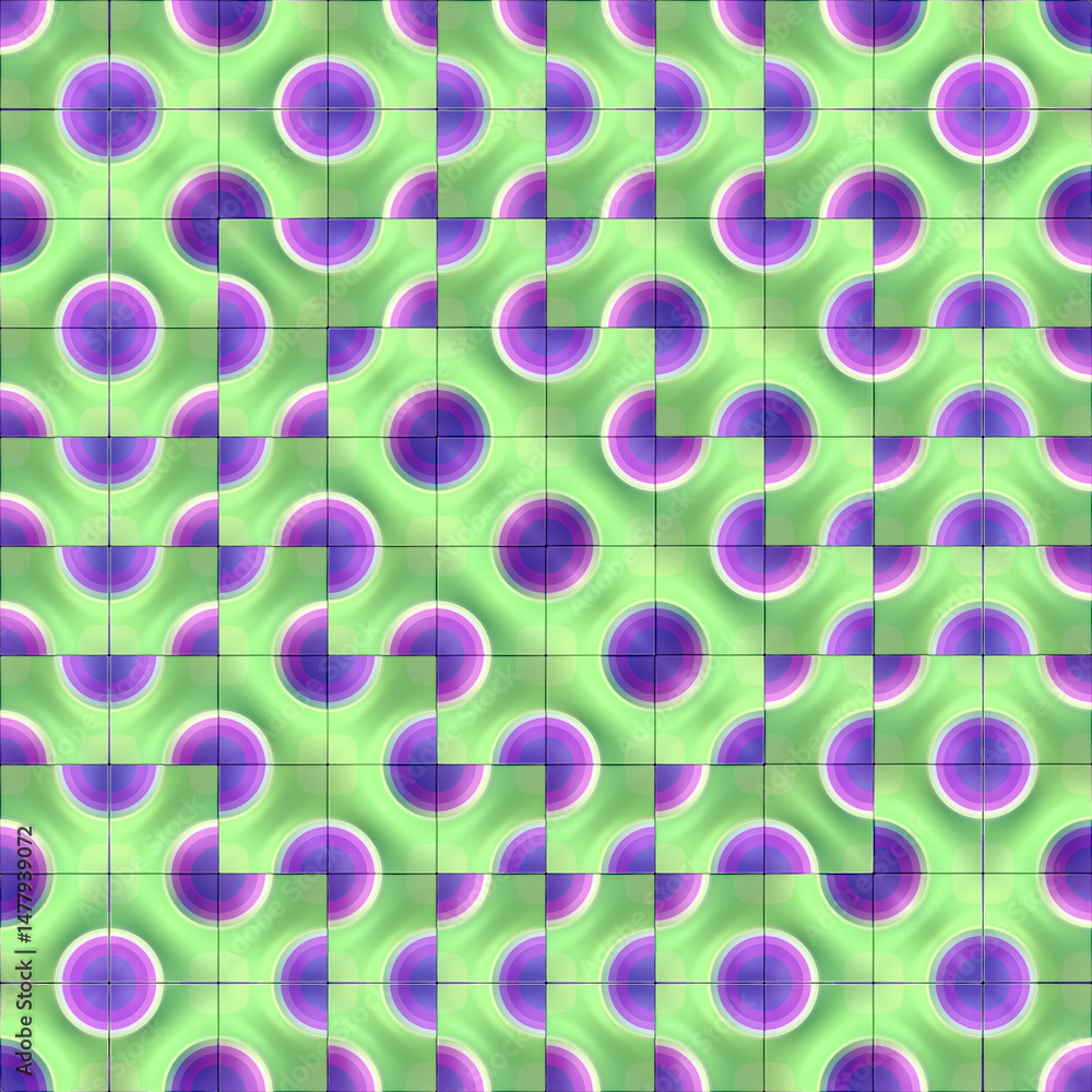 Aufkleber Digital illustration of a symmetrical repeating pattern in neon color consisting of tiles that create a three-dimensional effect of wavy lines and circles. 3d rendering