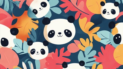 Obraz premium Cute panda pattern with tropical leaves