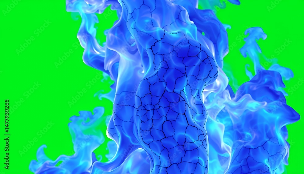 Poster isometric blue flame with geometric pattern isolated on green screen 3d rendered visual effect perfe