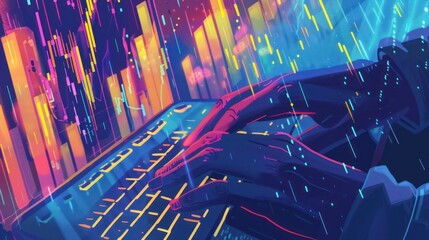 An animated image captures hands typing rapidly on a glowing keyboard. Vivid colors. Data streams visualized