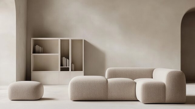 Fototapeta Modern beige sectional sofa and storage unit in a minimalist living room.