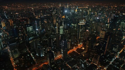 An aerial view of a vibrant cityscape illuminated at night, showcasing various skyscrapers