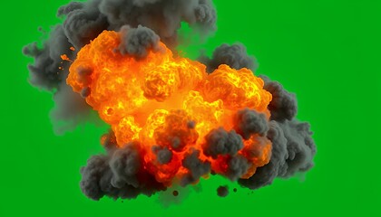 Fototapeta premium Isometric Fireball Explosion with Grey Smoke VFX Movie and Game Asset Isolated on Green Screen