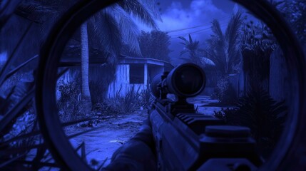 Night vision scope shows sniper rifle aimed at tropical buildings.