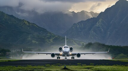 A private jet prepares for takeoff on a runway against a mountain backdrop