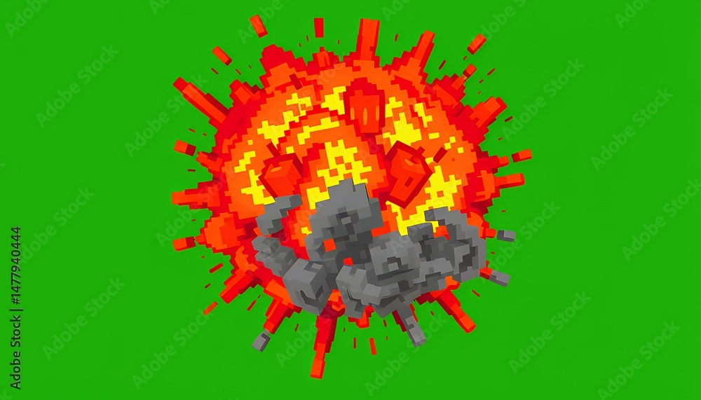 Poster isometric pixel art explosion isolated on green screen for game vfx movie element 3d animation with 