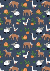 Animal_Farm_Horse_Sheep Duck_Vegetable_Conversational_Print