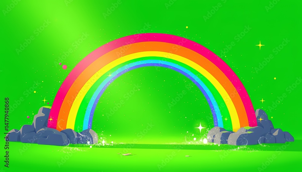 Poster isometric pixel art rainbow with clouds and sparkles isolated on green screen background perfect for