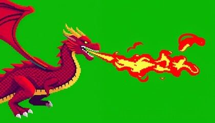 Obraz premium Isometric Pixel Art Red Dragon Exhaling Fire Isolated on Green Screen for VFX Movie Game and Fantasy Element Creation with Detailed Scale Pixelated Design Perfect for Clip Art and Decoration