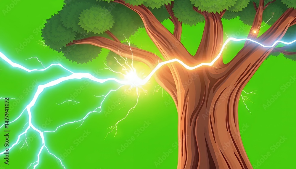 Poster isometric pixel art tree hit by lightning isolated on green screen for vfx and game design element