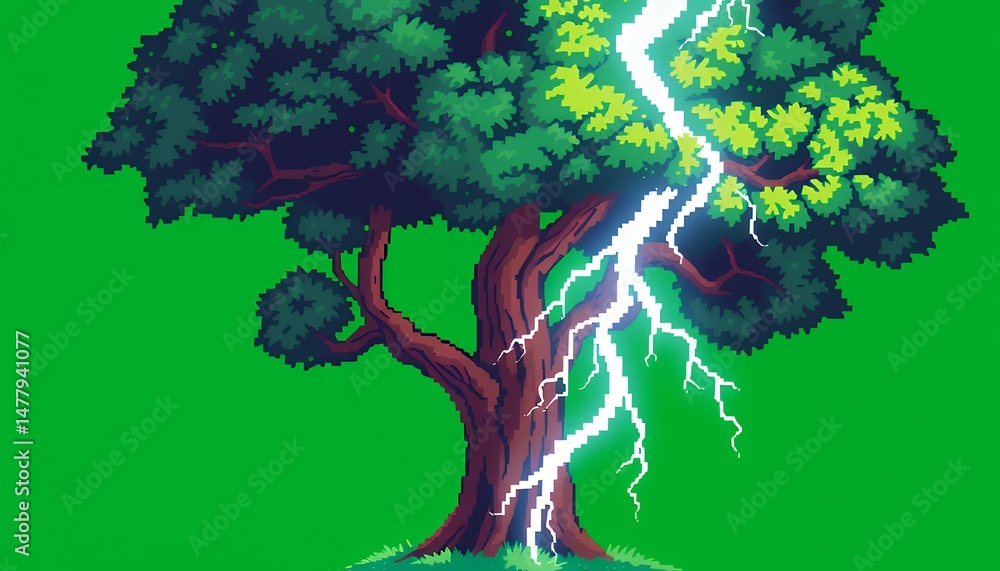 Poster isometric pixel art tree hit by lightning isolated on green screen high angle perspective for fantas