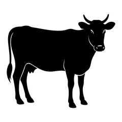 Silhouette of a standing cow with small horns shown