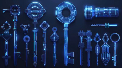 A collection of futuristic keys arranged in a symmetrical composition on a dark backdrop, with bright blue luminescence