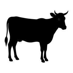 Silhouette of a standing cow with horns and tail