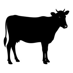 Silhouette of a standing cow with small horns shown