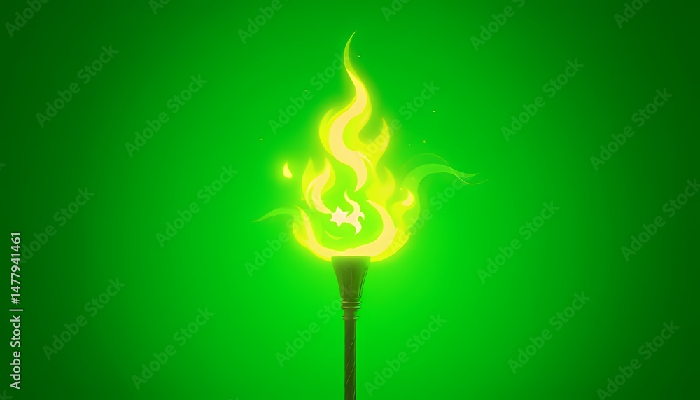 Poster isometric pixelated torch with yellow flame flicker isolated on green screen background 3d vfx movie
