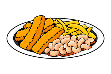Fish and chips with beans illustration, classic British meal in cartoon style