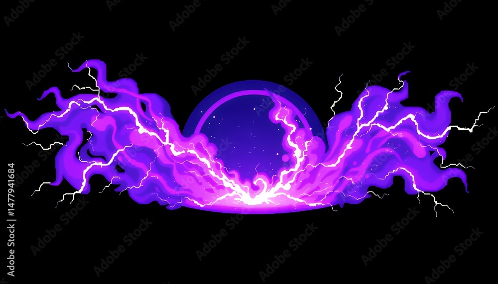Poster isometric purple lightning effect isolated on green screen element for vfx movie and game developmen