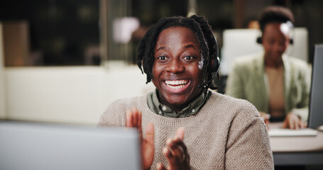Clapping, computer or excited agent in call center for bonus prize, online solution or good news....