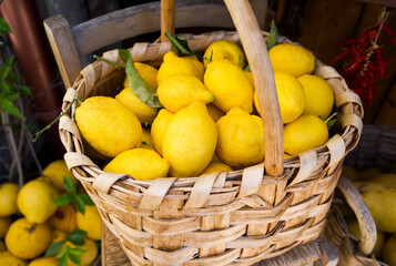 Freshly harvested lemons piled in a rustic woven basket, surrounded by vibrant greenery, showcasing the natural beauty and texture of the fruit in a charming outdoor market setting