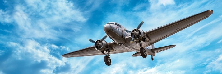 Vintage Airplane in Flight - A classic propeller airplane soars through a vibrant blue sky dotted with fluffy white clouds. The plane is silver and appears to be in excellent condition