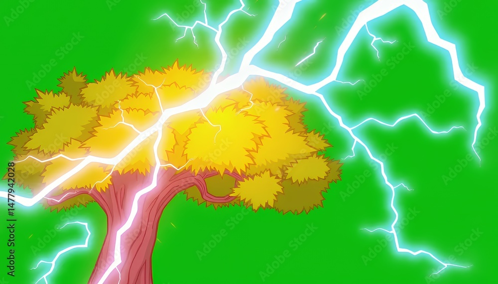 Poster isometric tree struck by lightning isolated on green screen perfect for visual effects and game asse