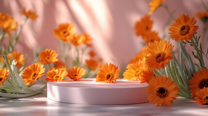 Bright orange gerbera daisies surrounding a white pedestal in soft light
