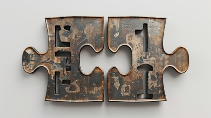 Two metallic jigsaw puzzle pieces connected, weathered, rusty, on gray background