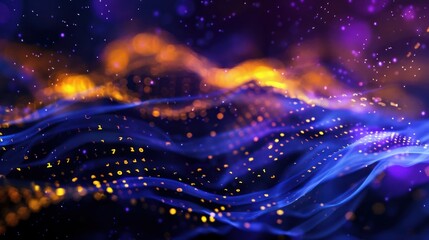 A mesmerizing digital artwork displays luminous waves, with particles in rich hues